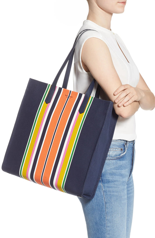 KATE SPADE Kitt Stripe Extra Large North South Tote In Parisian Navy Multi 實用 單肩包/手提包