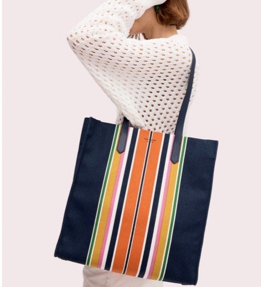 KATE SPADE Kitt Stripe Extra Large North South Tote In Parisian Navy Multi 實用 單肩包/手提包